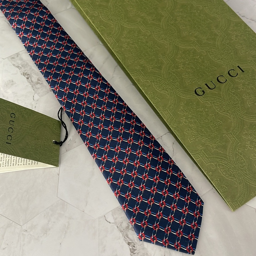 $350 New Authentic GUCCI Navy Blue Tie Gift for him Signature Red GG Christmas